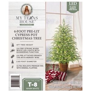 My Texas House 4FT Pre-Lit Cypress Pot Artificial Christmas Tree 4 Foot NEW